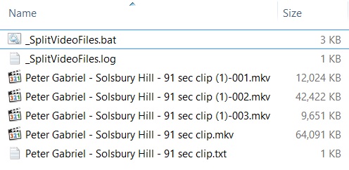 Screen dump #2 of the “_SplitVideoFiles” folder