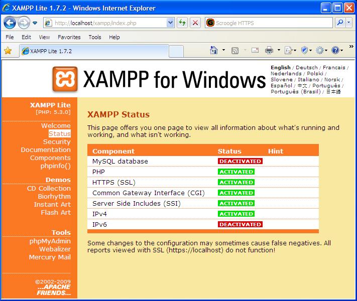 Screen capture of XAMPPlite status screen